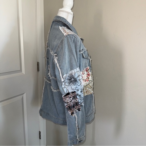 Patchwork Denim and Lace Jacket Distressed Boho Denim Shacket Mixed Floral Lace - Picture 12 of 17